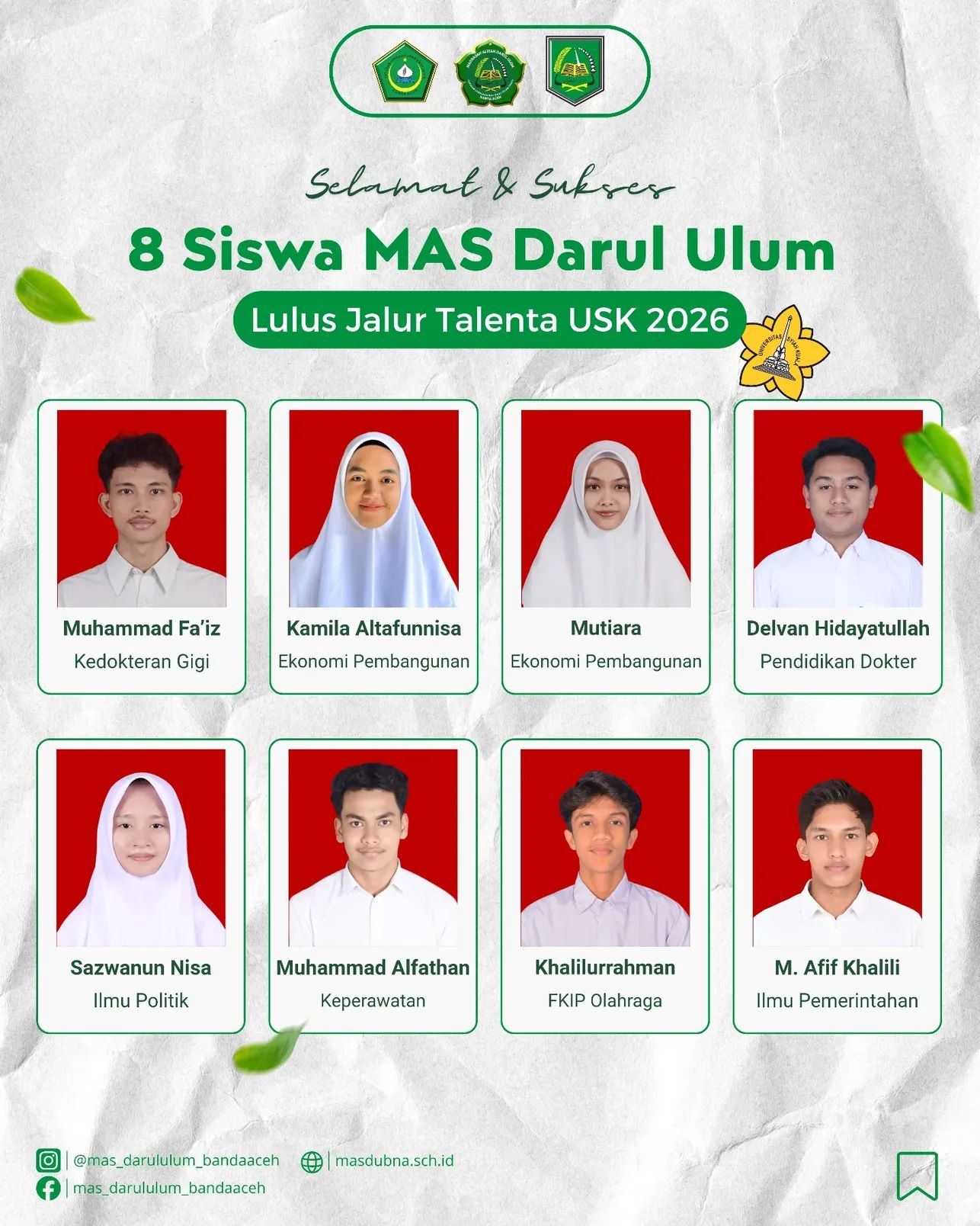 8 Siswa MAS Darul Ulum Lulus Jalur Talenta USK 2026